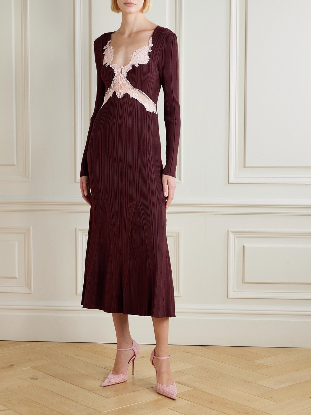 Self-Portrait Lace-Trim Deep-V Knit Midi Dress Size M